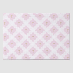 Papier Mousseline Elégante croix d'or rose blanc motif baptême