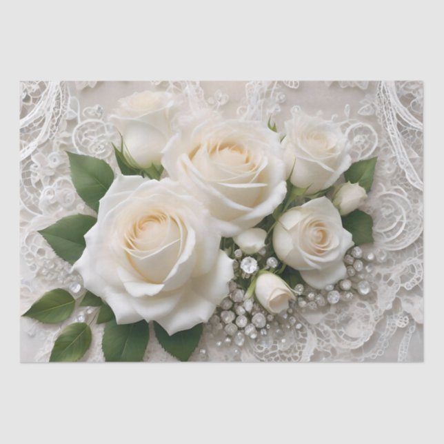 Papier Mousseline Elégante Dentelle Mariage Blanche Et Roses, (Recto)