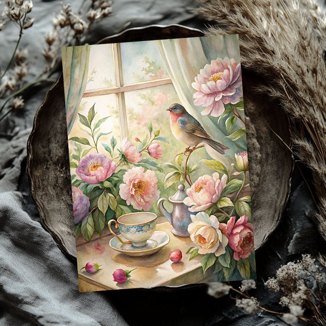 Papier Mousseline Elégante fenêtre d'été avec des pivoines roses d'o (Elegant summer window with bird pink peonies tissue paper)