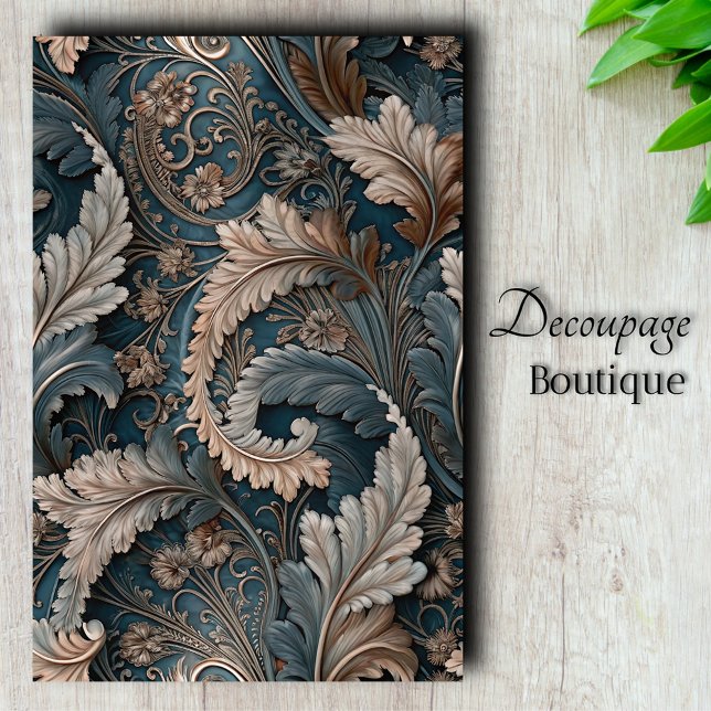 Papier Mousseline Elégante feuille Acanthus Tea / Taupe Baroque Déco (Elegant Acanthus Leaf Teal and Taupe Baroque Design Decoupage Tissue Paper)