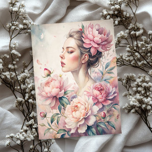 Papier Mousseline Élégante fille vintage blonde avec des pivoines ro