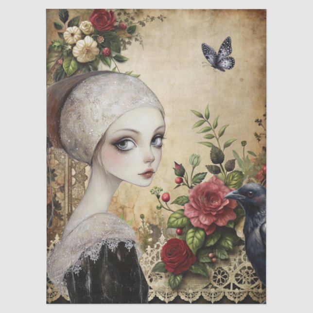Papier Mousseline Elégante Gothique Girl & Raven Dans Jardin Rose (Recto)