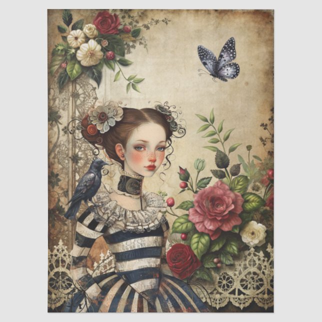 Papier Mousseline Elégante Gothique Girl & Raven Dans Jardin Rose (Recto)