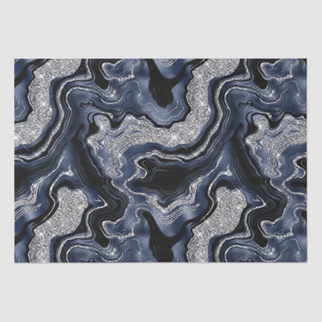 Papier Mousseline Elégante Marine Blue & Silver Parties scintillant  (Recto)