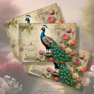 Papier Mousseline Elégante Peacock Birdcage Ephemera Floral Decoupag