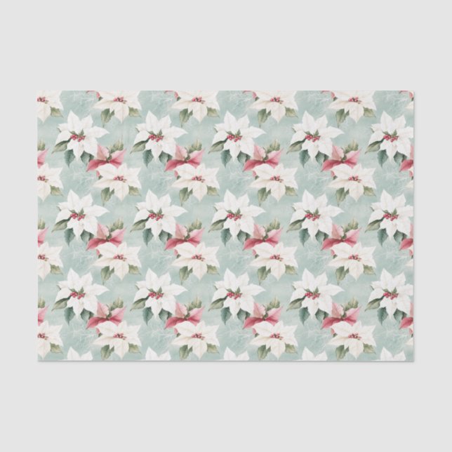 Papier Mousseline Élégante Poinsettias de Noël Rose Blanc (Recto)