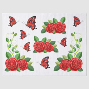 Papier Mousseline Élégante Rosée Rouge Fleur Et Papillon Découpage