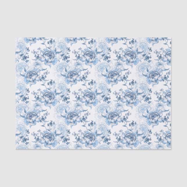 Papier Mousseline Élégantes pivoines gravées en bleu et blanc (Recto)