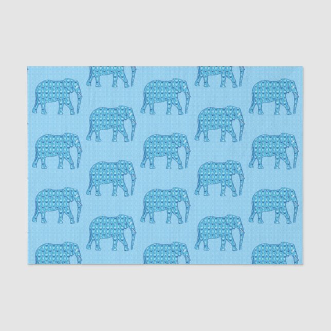 Papier Mousseline Eléphant à fleurs de Lotus, Turquoise et Blanc (Recto)