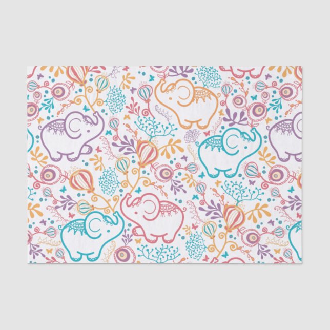 Papier Mousseline Eléphants Et Fleurs Adorables (Recto)