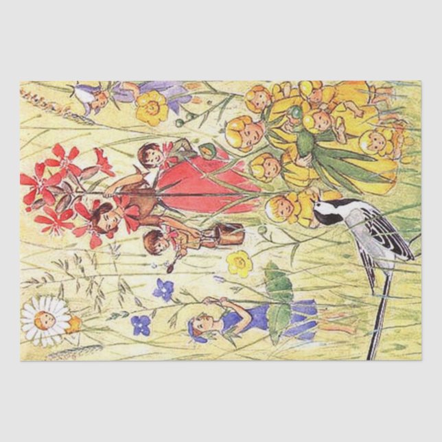 Papier Mousseline Elsa Beskow Fleurs Whimsical Girls of the Meadow (Recto)