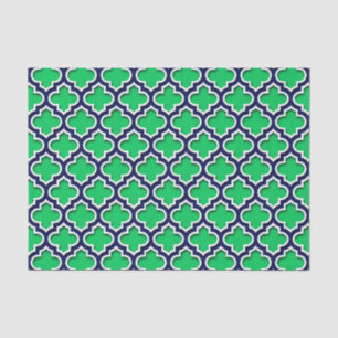 Papier Mousseline Emerald Green Navy White Quatrefoil marocain #5DS