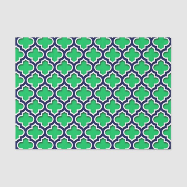 Papier Mousseline Emerald Green Navy White Quatrefoil marocain #5DS (Recto)
