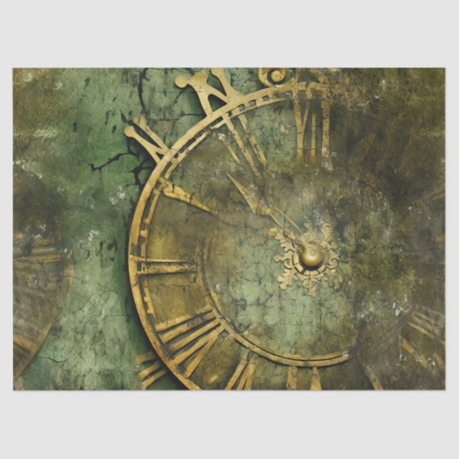 Papier Mousseline Émeraude Green Rustic Steampunk Horloge (12) (Recto)