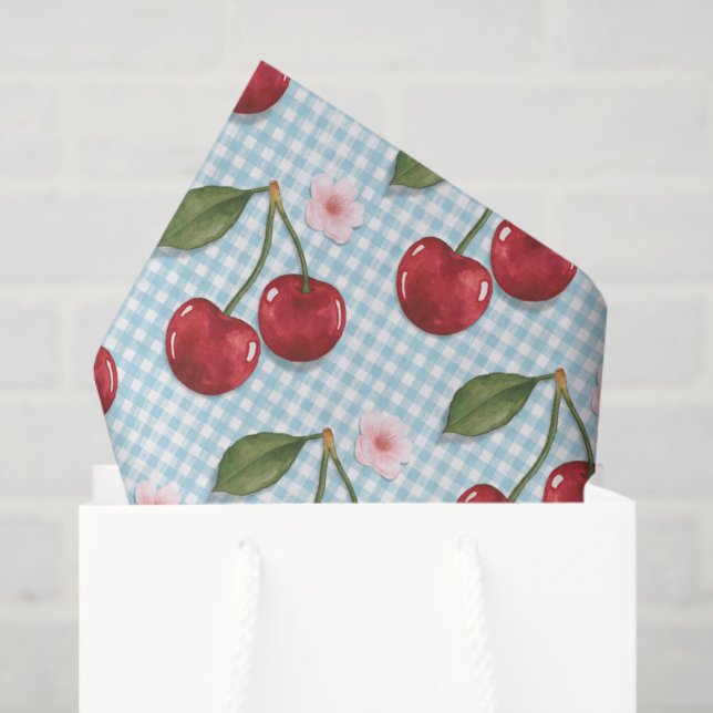 Papier Mousseline En vichy Bleu Rustique Et Cerises (Sac cadeau)