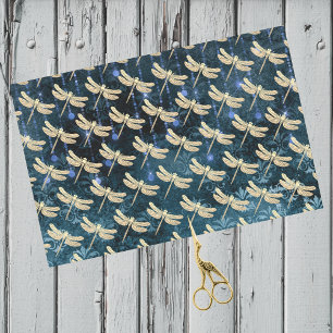 Papier Mousseline Enchanter des libellules d'or sur un Damas bleu Tu