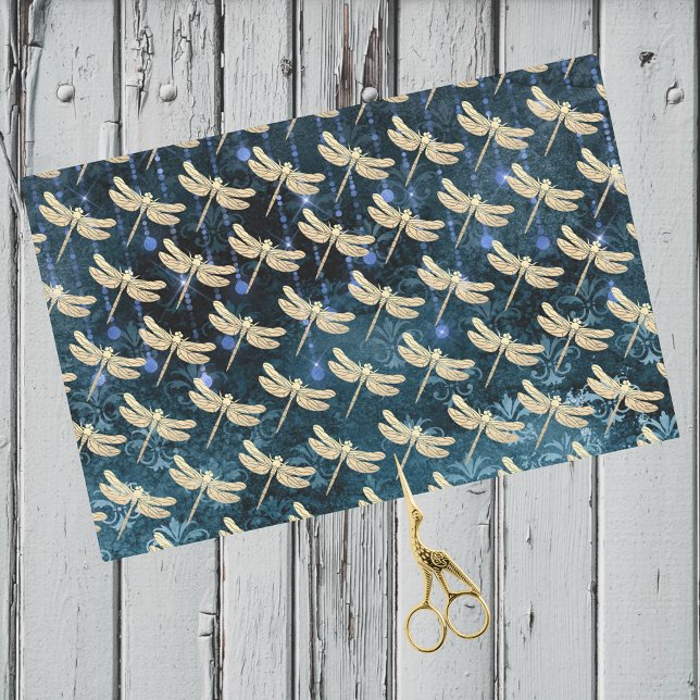 Papier Mousseline Enchanter des libellules d'or sur un Damas bleu Tu (Créateur téléchargé)