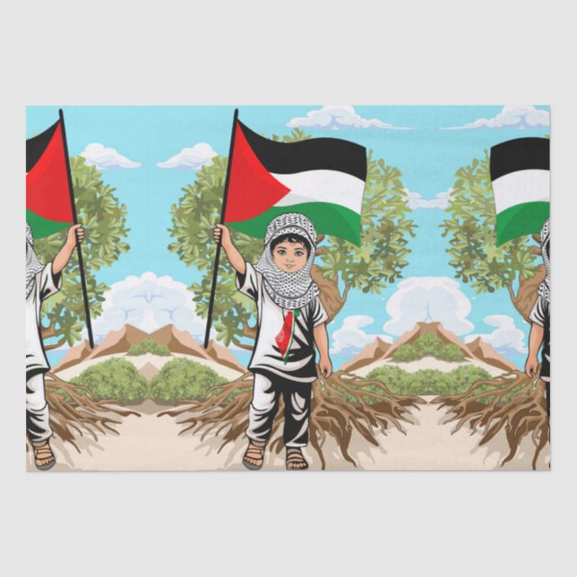 Papier Mousseline Enfant avec Keffiyeh Palestine Drapeau et olivier (Recto)