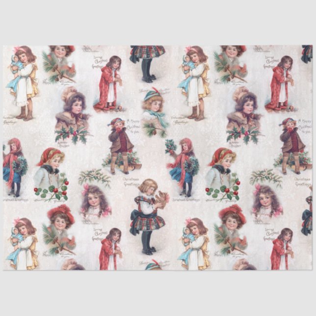 Papier Mousseline Enfants victoriens mignons avec voeux de Noël (Recto)