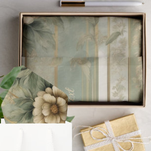 Papier Mousseline Enveloppement de fleurs en or rayé vert Sage