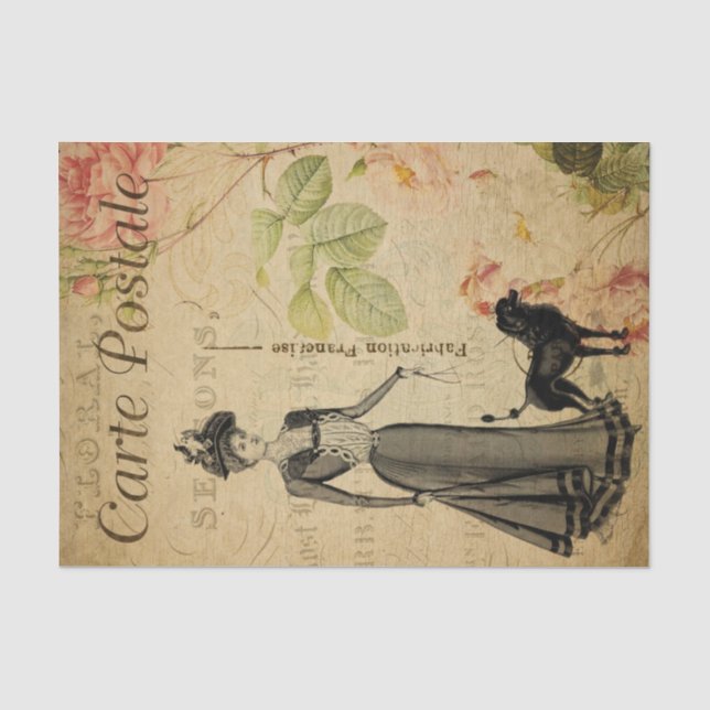 Papier Mousseline Ephemera Française Lady Et Son Poodé Découpage (Recto)