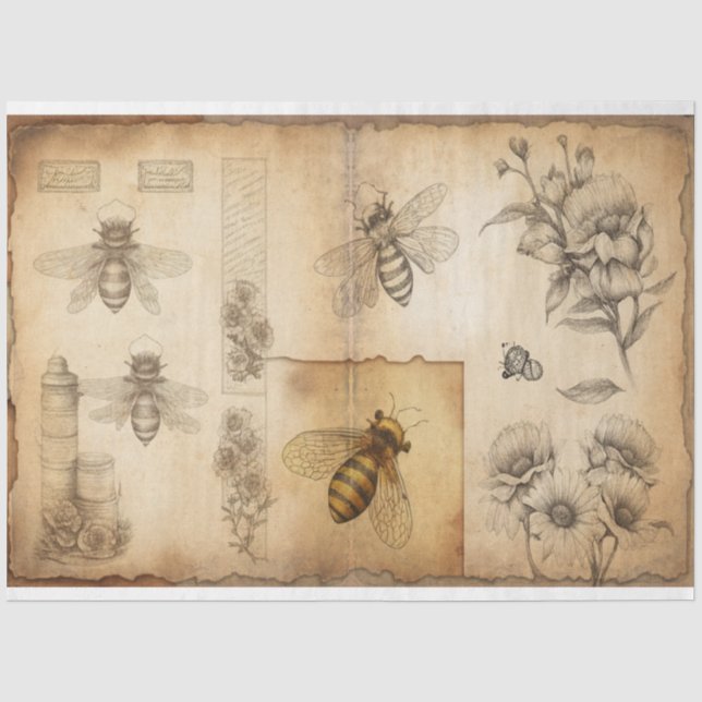 Papier Mousseline Ephémère des croquis d'abeilles et de fleurs (Recto)