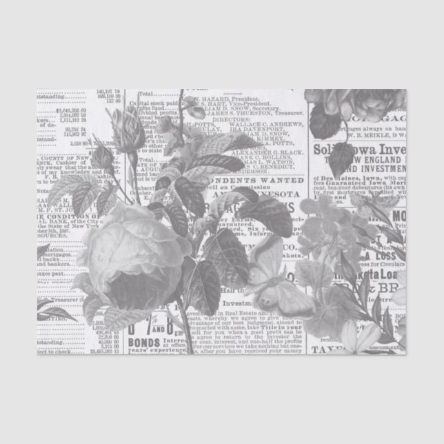 Papier Mousseline Ephémère florale du journal noir et blanc (Recto)