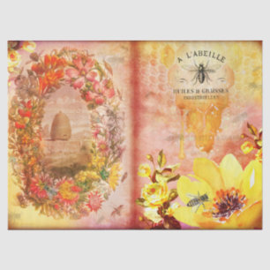 Papier Mousseline Ephémère vintage d'abeilles et de fleurs