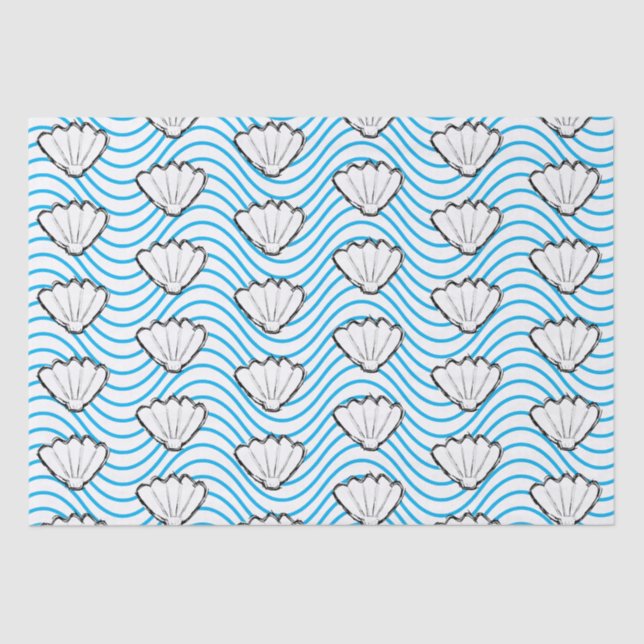 Papier Mousseline Esquisses de coquillage Motifs de vague blanc et b (Recto)