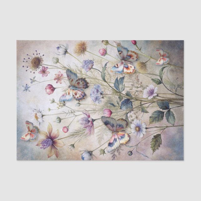 Papier Mousseline Ethereal Pastel Botanical Flower & Butterflies (Recto)