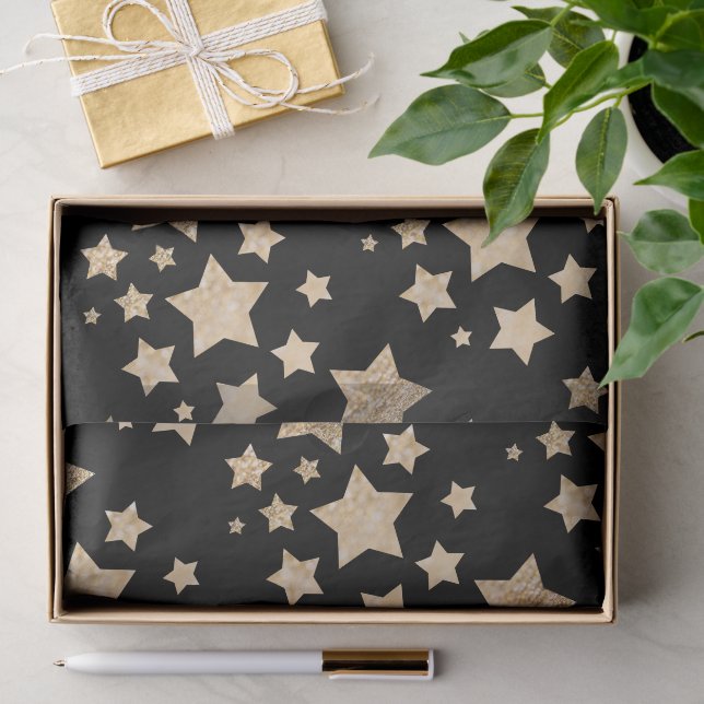 Papier Mousseline Etoiles brillantes or Joyeux Noël Fête Noir (Cadeau)