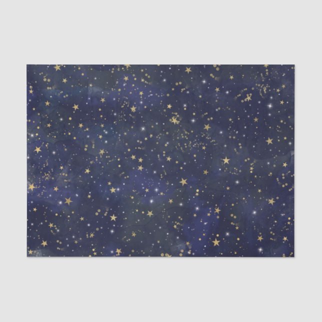 Papier Mousseline Etoiles célestes bleues et dorées Aquarelle lunair (Recto)