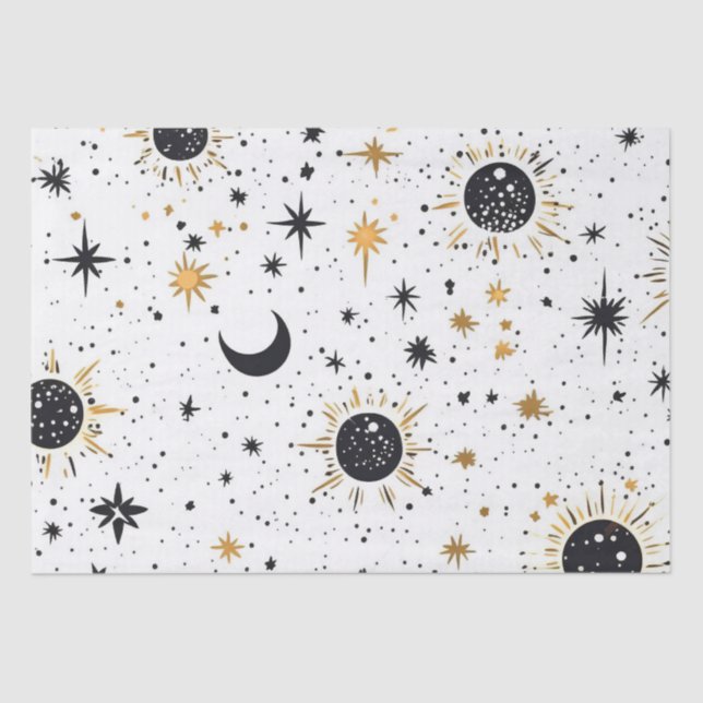 Papier Mousseline Étoiles célestes de soleil céleste noir et or (Recto)