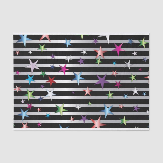 Papier Mousseline Étoiles de Confetti brillantes sur bandes Noir et  (Recto)