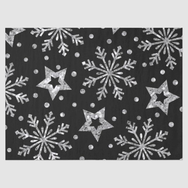 Papier Mousseline Étoiles de Parties scintillant en argent et flocon (Recto)