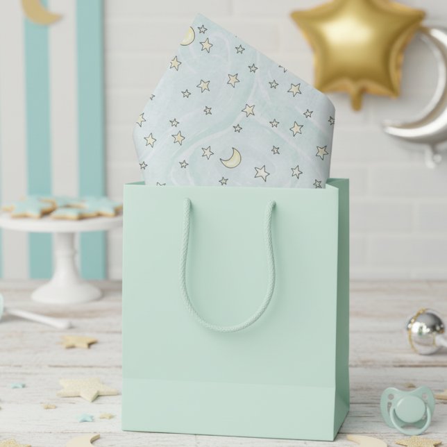 Papier Mousseline Étoiles et lunes de monnaie tourbillonnant (Cute Stars and Moons Pattern Pastel Mint Gender Neutral Baby Shower Tissue Paper for Mother to Be.)