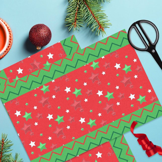 Papier Mousseline Étoiles Vertes Rouges De Noël Brillantes Et Bandes (Créateur téléchargé)