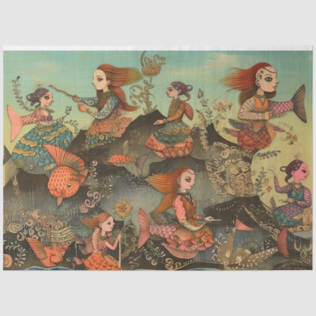 Papier Mousseline Etrange Femme Filles Sous La Mer Collage Découpage (Recto)