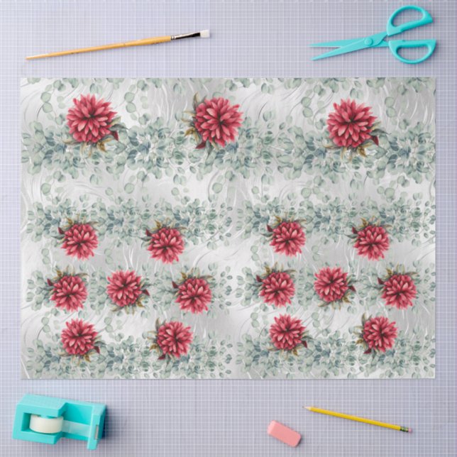 Papier Mousseline Eucalyptus & Red Flowers on  Faux Foil Decoupage  (Artisanat)