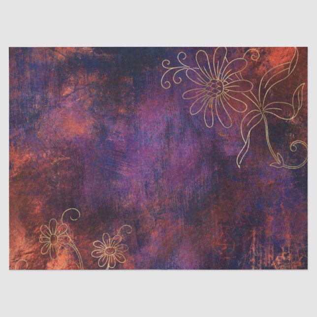Papier Mousseline Extraits floraux d'or sur Découpage orange violet (Recto)