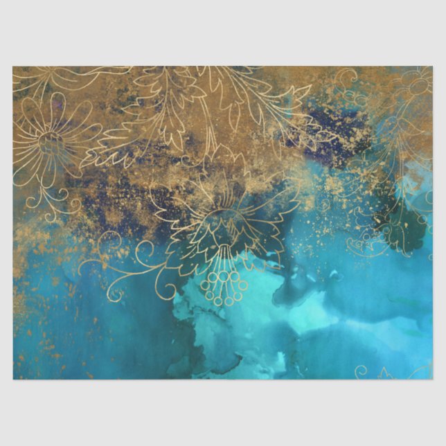 Papier Mousseline Extraits floraux d'or sur la Découpage verte Turqu (Recto)