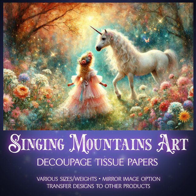 Papier Mousseline Fairytale Unicorn Little Flower Girl Decoupage  (Créateur téléchargé)