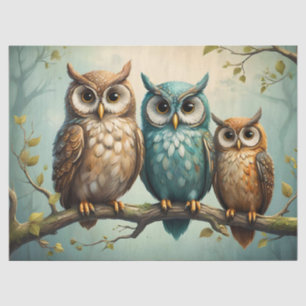 Papier Mousseline Famille de hiboux sur une branche