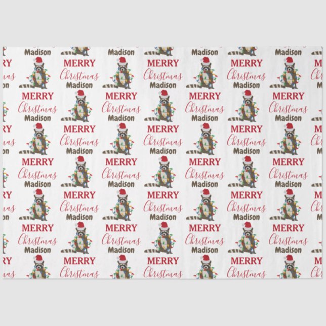 Papier Mousseline Fantaisie Noël Raccoon Santa Hat Noël Lumières (Recto)