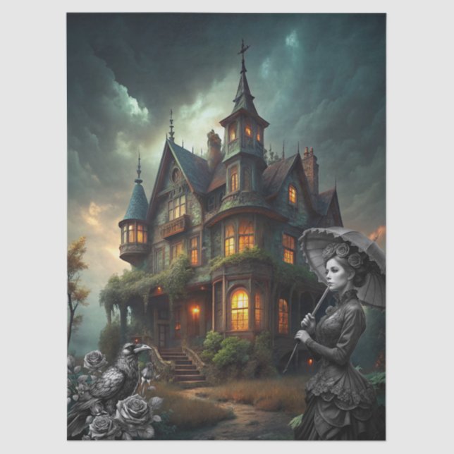 Papier Mousseline Fantasy Haunted House Victorian Lady Raven Roses (Recto)