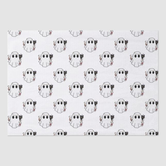 Papier Mousseline Fantômes blancs et chats noirs Halloween blanc (Recto)