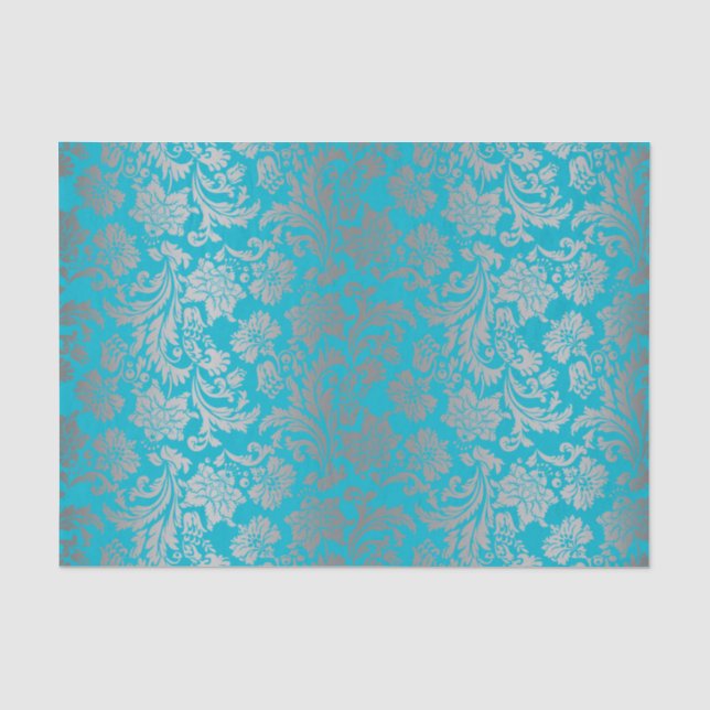 Papier Mousseline Faux Argent Floral Damques Arrière - plan bleu (Recto)