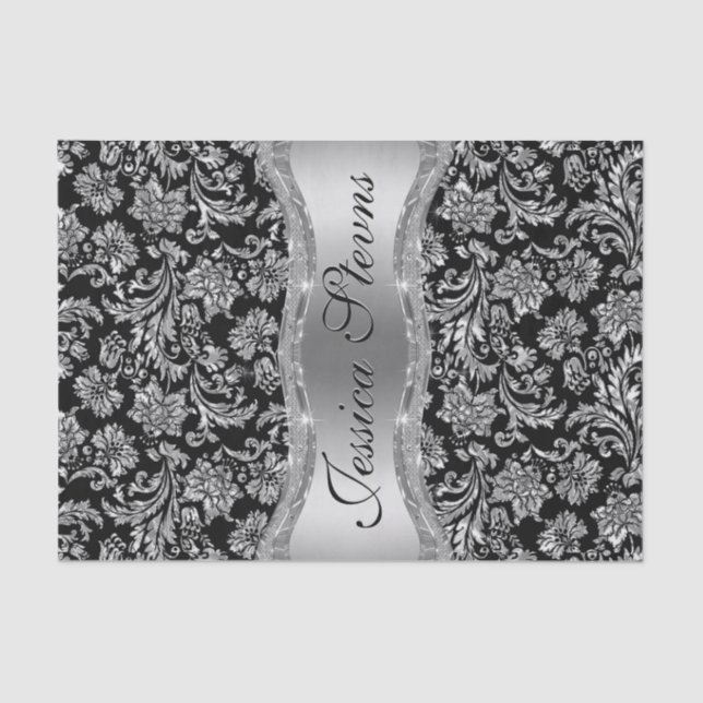 Papier Mousseline Faux Argent Floral Damques Arrière - plan noir (Recto)