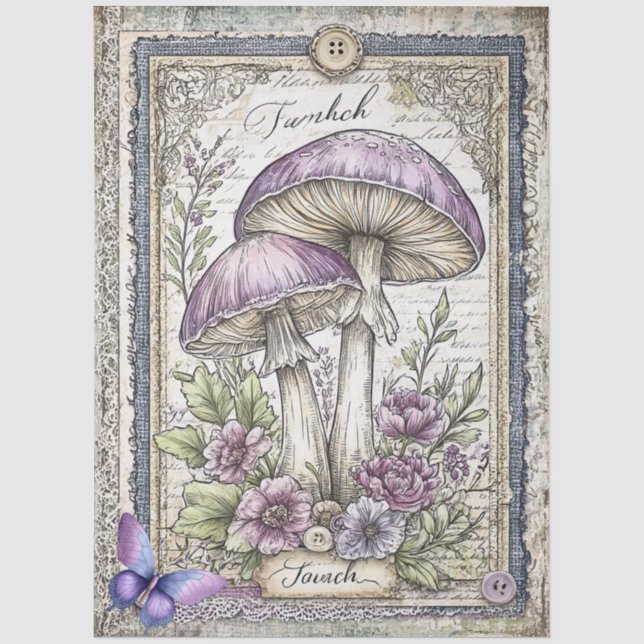 Papier Mousseline Faux Denim & Lace Imaginaire Champignons Découpage (Recto)