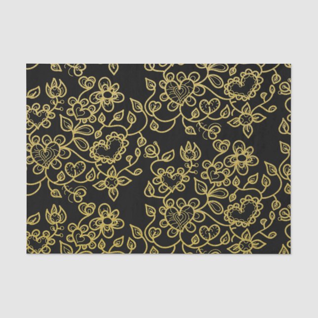 Papier Mousseline Faux Gold Parties scintillant Doodle Flowes sur le (Recto)